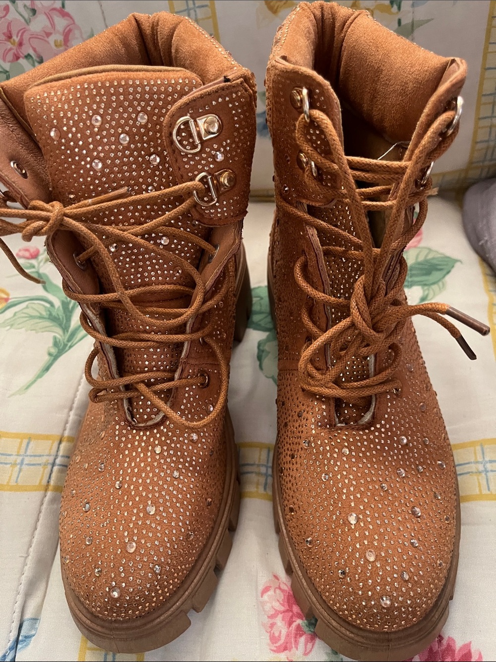 Women’s Embellished Tan Suede Lace-Up Boots